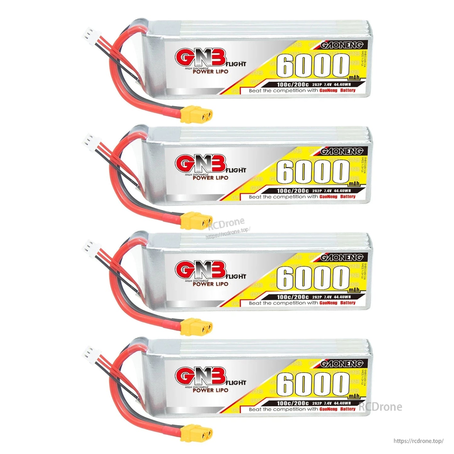 Four GNB 6000mAh LiPo batteries shown in a stack, each with XT60 plug and balance lead