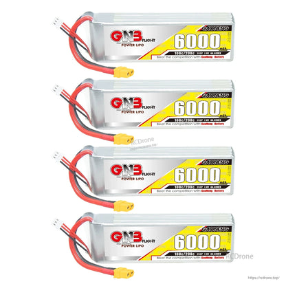 Four GNB 6000mAh LiPo batteries shown in a stack, each with XT60 plug and balance lead