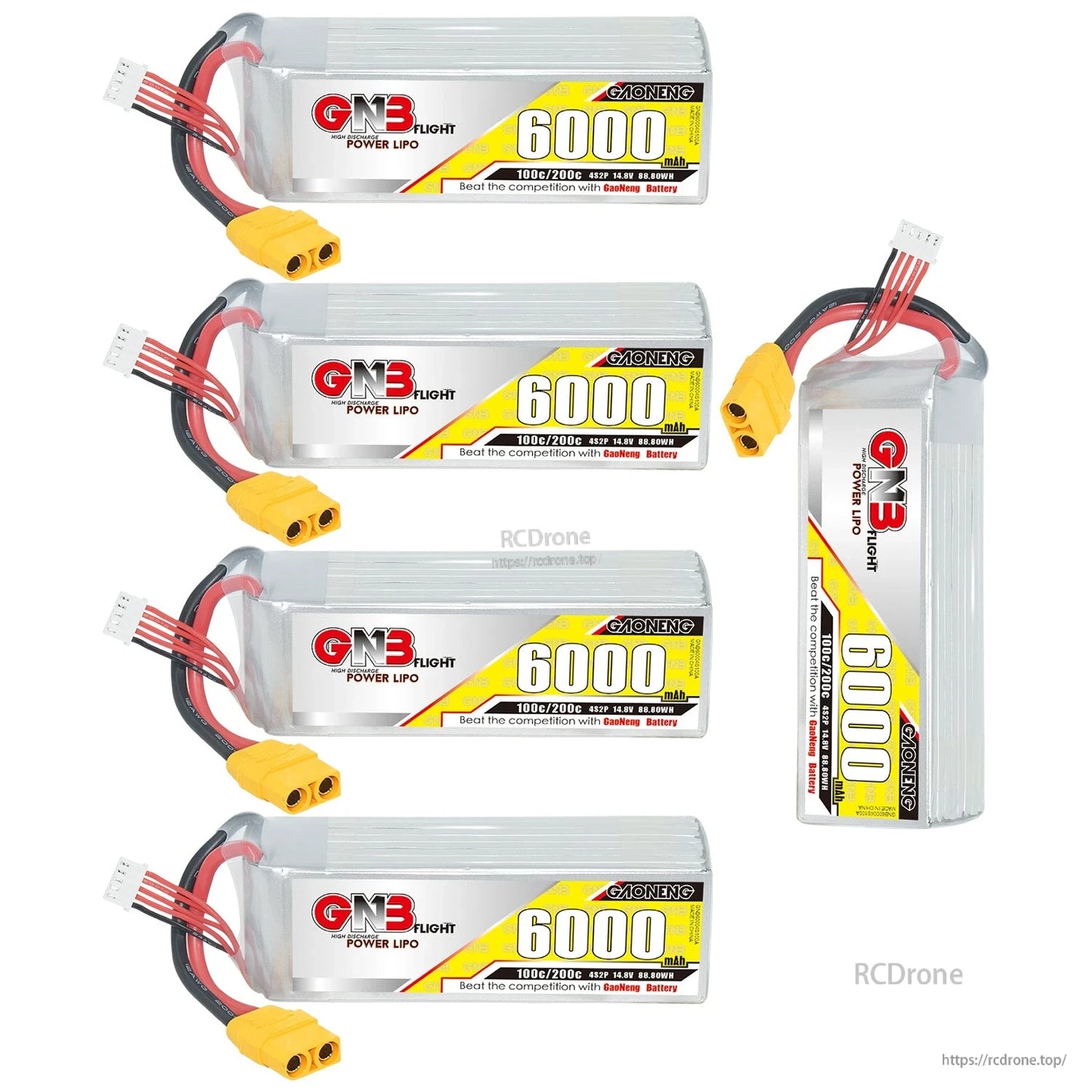 Four batteries plus one upright unit shown, highlighting label side and connector leads