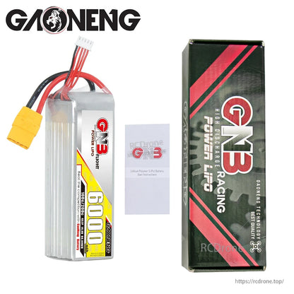 Package contents: GAONENG GNB 6000mAh LiPo battery, user manual, and retail box