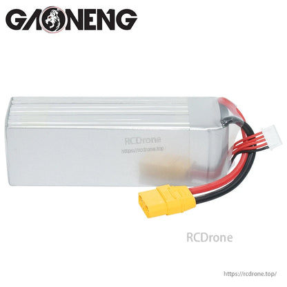 Back side view of silver hardcase LiPo pack with XT90 connector and balance plug visible