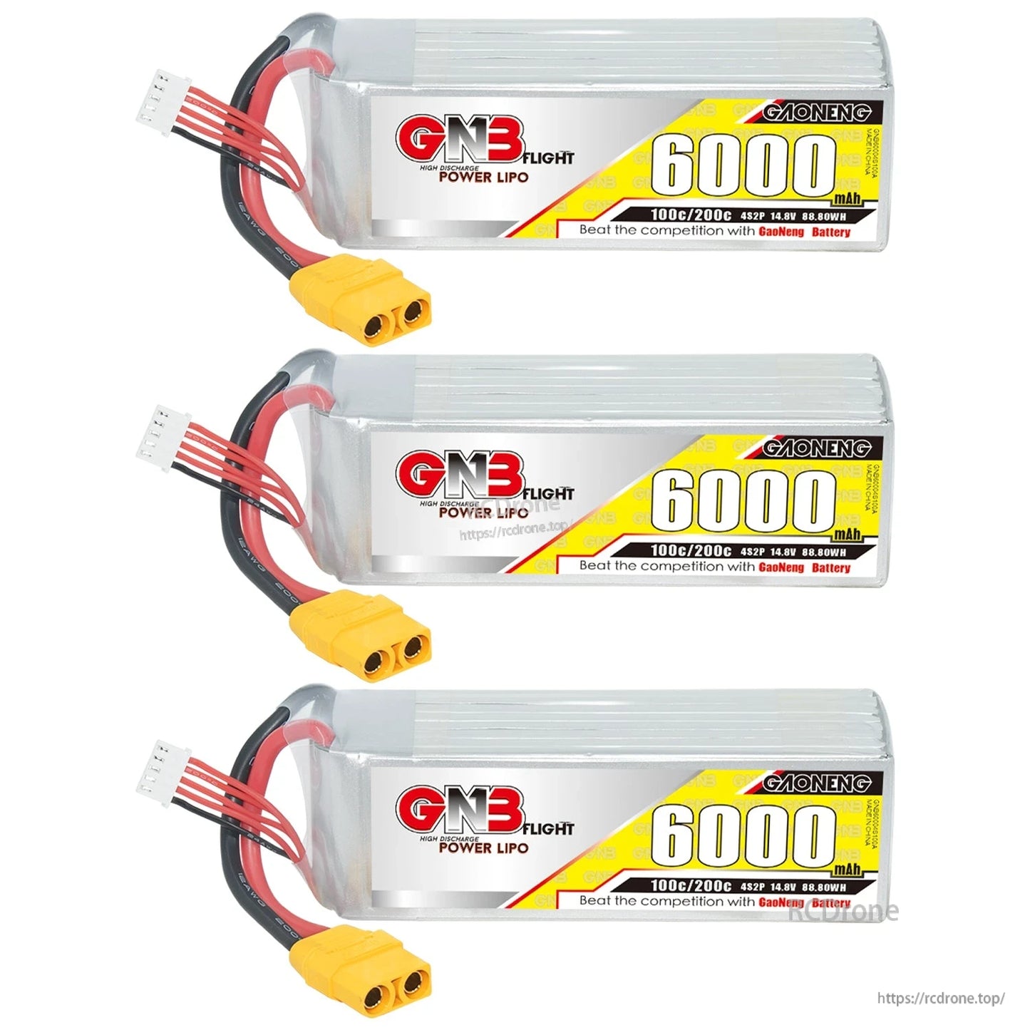 Three GNB 6000mAh LiPo batteries lineup with XT90 connectors, front label view