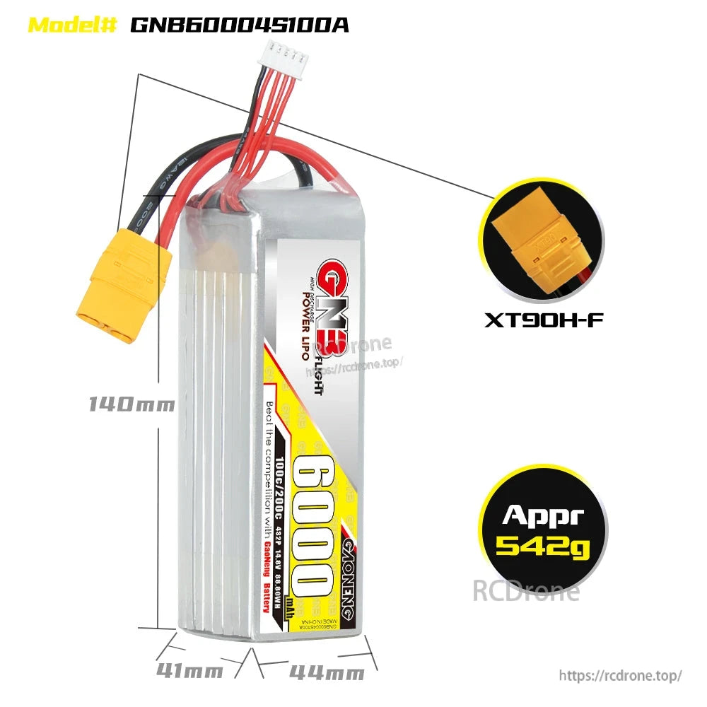 GNB60004S100A LiPo battery size chart showing 140mm length and XT90H-F connector callout