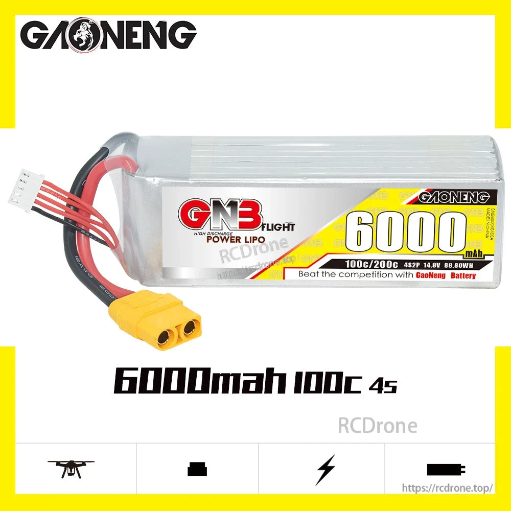 GAONENG GNB60004S100A 4S 6000mAh 100C LiPo battery graphic with key specs text