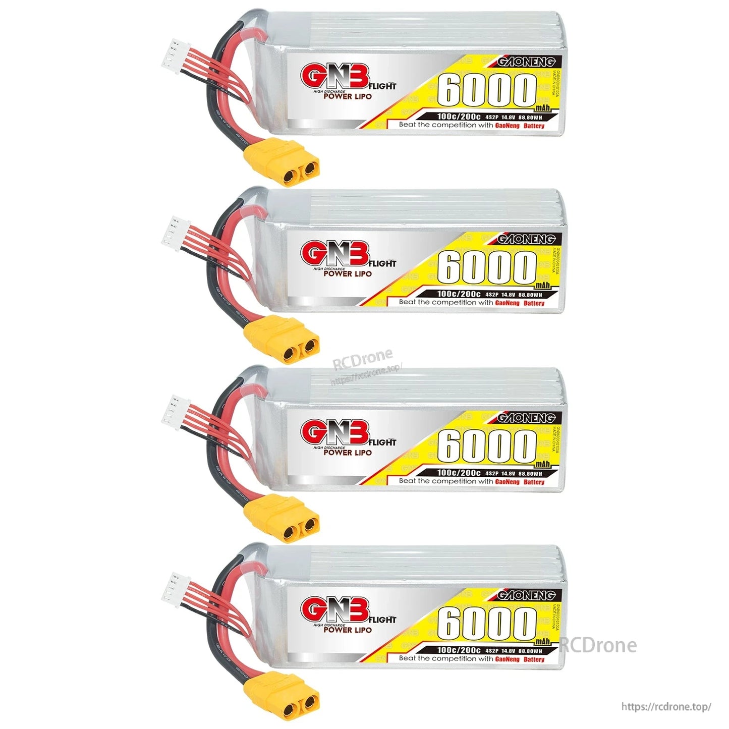 Four GNB 6000mAh LiPo batteries shown stacked vertically with XT90 connectors and balance leads