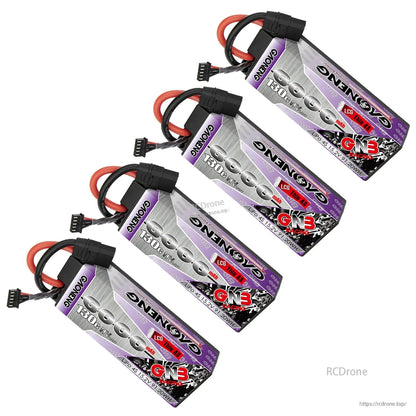 Four angled views of the GAONENG 4S LiPo battery with XT90 connector and balance lead