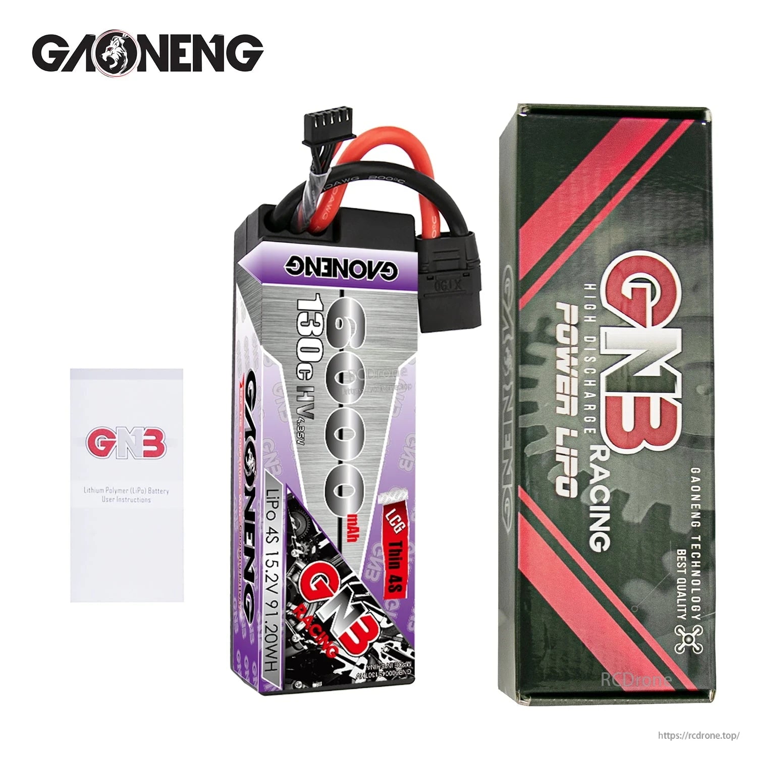 GAONENG battery set with retail box, user instructions, and 4S LiPo pack