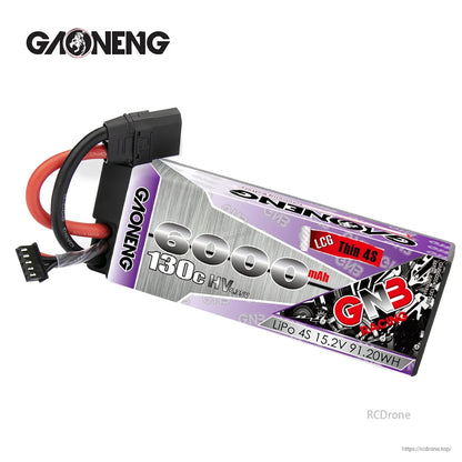 Angled view of the GAONENG 6000mAh 130C 4S LiPo battery with XT90 connector