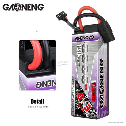 Close-up detail of the battery lead and connector wiring on the GAONENG LiPo pack