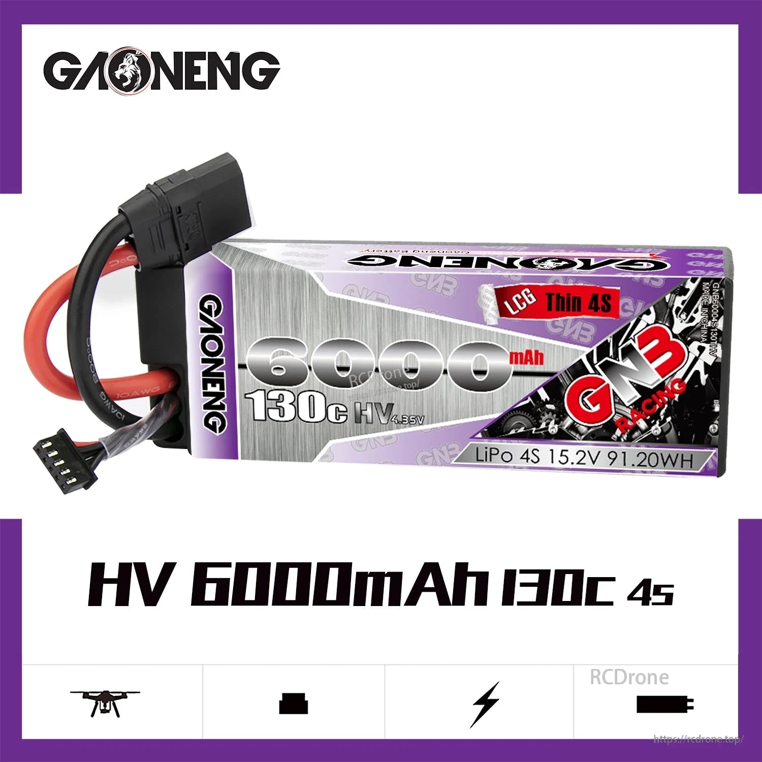 GAONENG GNB60004S130THV 4S 6000mAh battery graphic showing HV rating and slim profile