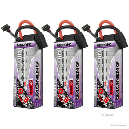 Three views of the GAONENG 4S 6000mAh LiPo battery with attached XT90 connector