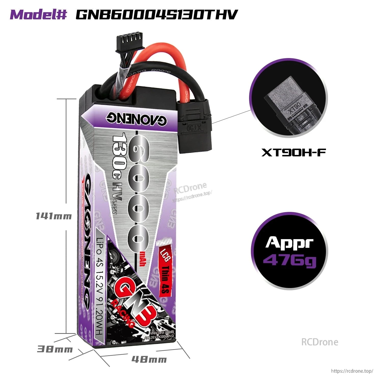 Vertical view of the GAONENG 4S LiPo battery with XT90H-F connector and dimensions