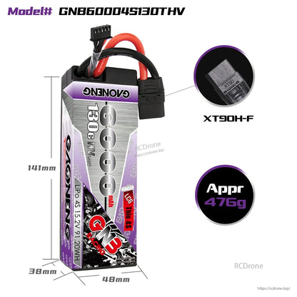 Vertical view of the GAONENG 4S LiPo battery with XT90H-F connector and dimensions