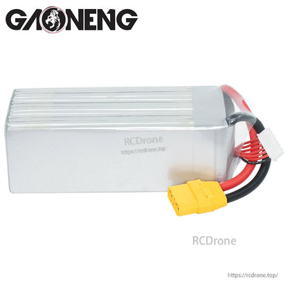 Rear/plain side of silver GAONENG LiPo pack showing smooth casing and XT90 lead routing