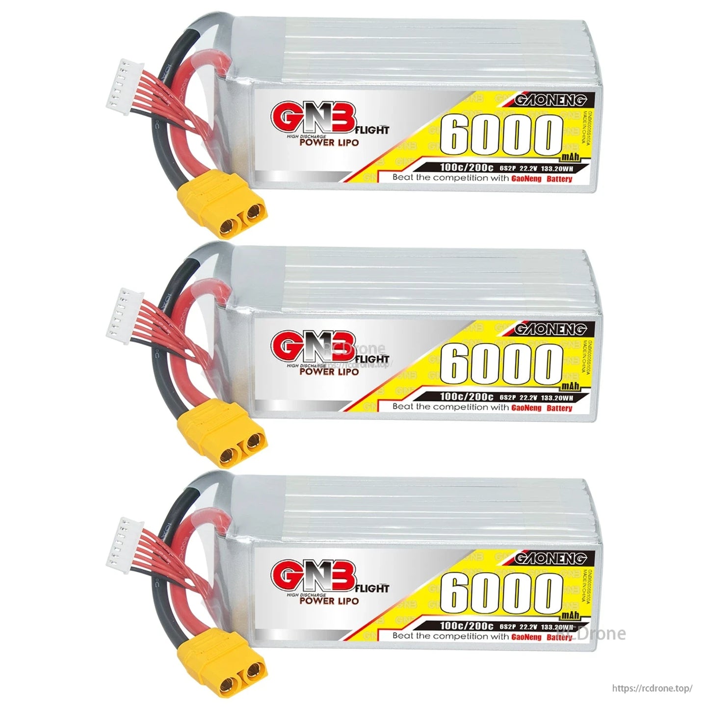 Three GAONENG 6000mAh 6S LiPo batteries lined up, each with XT90 connector and balance lead