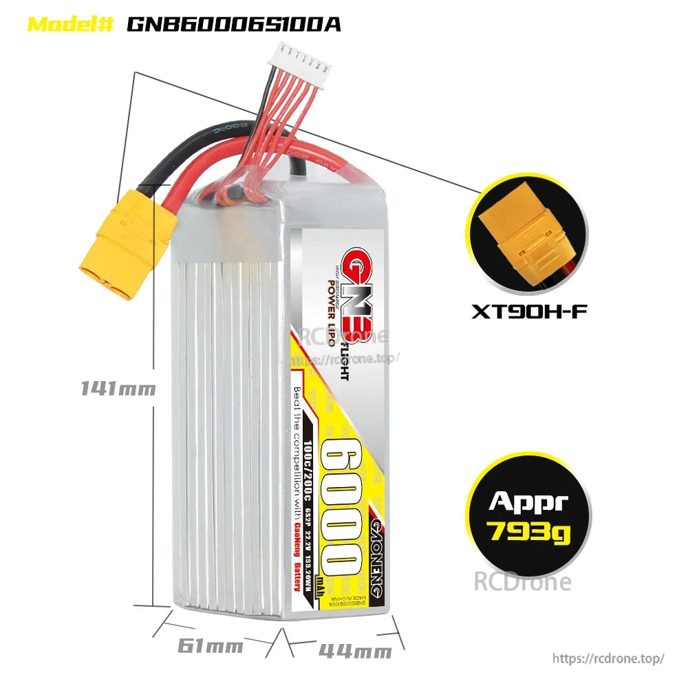 GNB60006S100A size diagram showing 141×61×44mm, XT90H-F connector and approx 793g weight