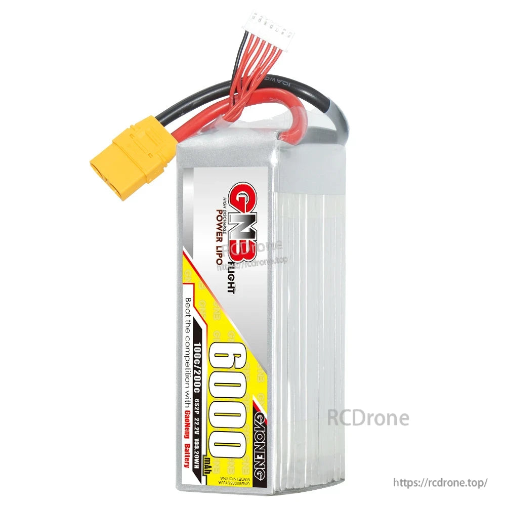 Upright side view of GAONENG GN3 6000mAh LiPo pack showing label panel and top wires