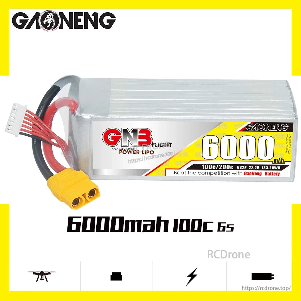 GAONENG GNB 6000mAh 6S LiPo battery product graphic with label showing 100C/200C and 22.2V