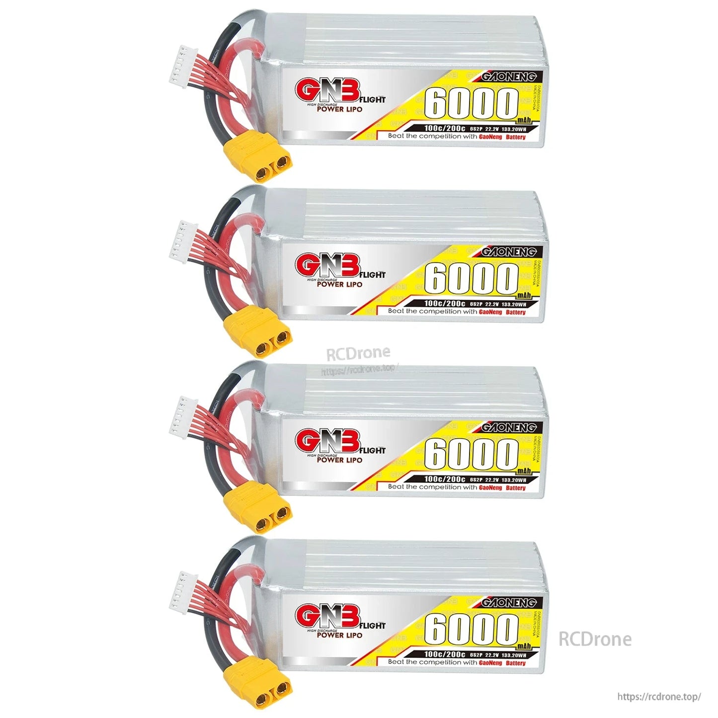Four GAONENG 6000mAh 6S LiPo batteries stacked vertically with XT90 connectors facing left