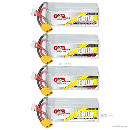 Four GAONENG 6000mAh 6S LiPo batteries stacked vertically with XT90 connectors facing left