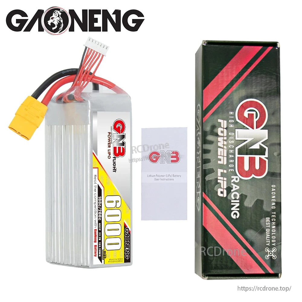 Package contents: GAONENG 6000mAh battery, GN3 Power LiPo box, and instruction leaflet