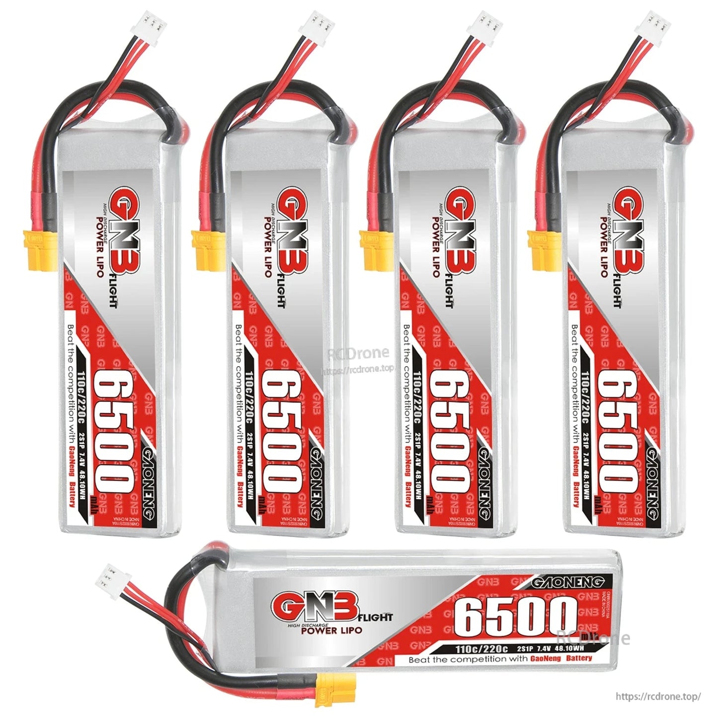 Bundle display showing four GAONENG 6500mAh batteries plus one extra battery shown horizontally