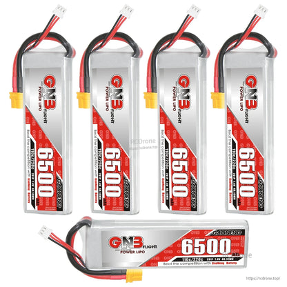 Bundle display showing four GAONENG 6500mAh batteries plus one extra battery shown horizontally