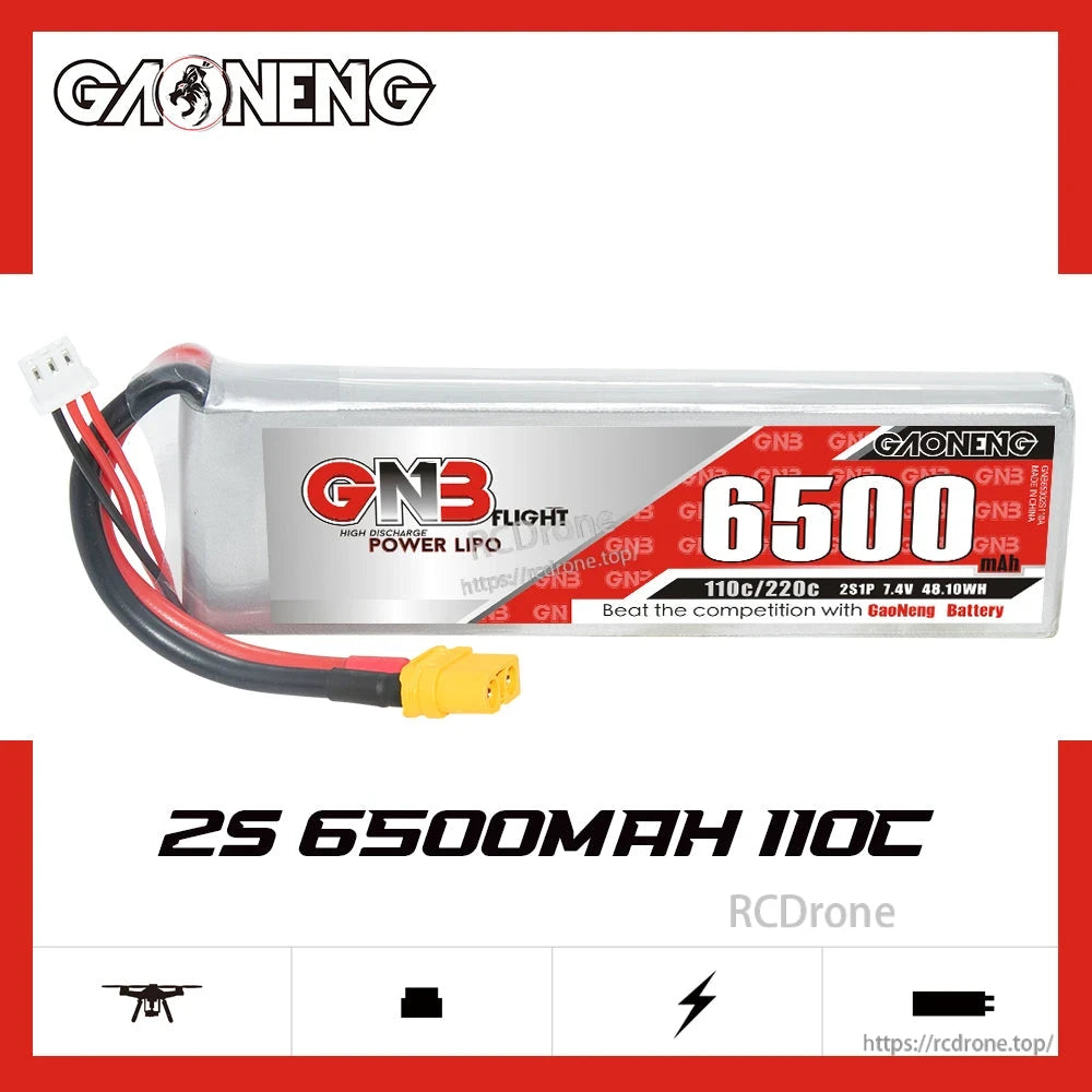 GAONENG GNB 2S 6500mAh 110C LiPo battery product graphic showing battery and key specs
