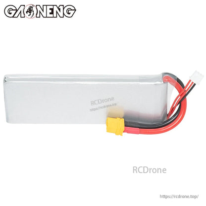 Side view of LiPo battery showing plain silver casing, XT60 connector and balance lead