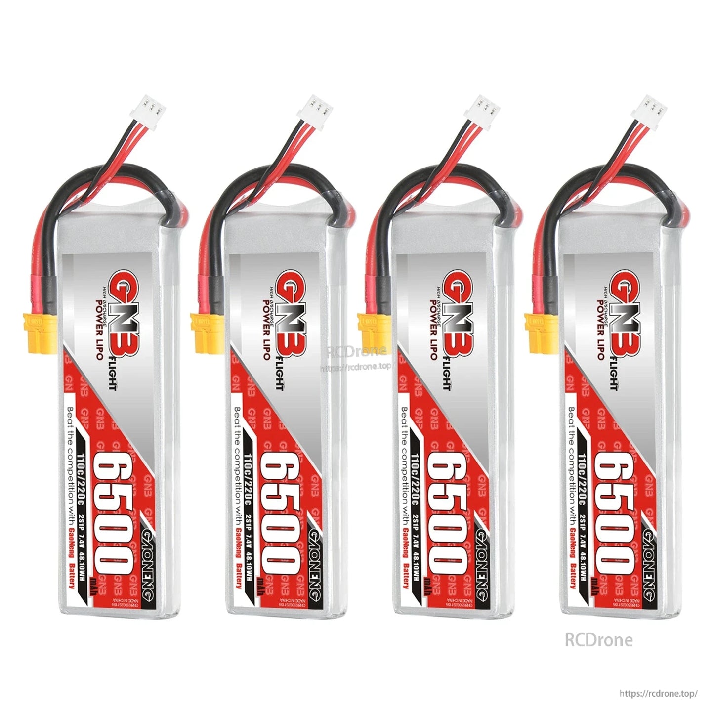 Four GAONENG 6500mAh LiPo batteries displayed together with balance leads and XT60 plugs