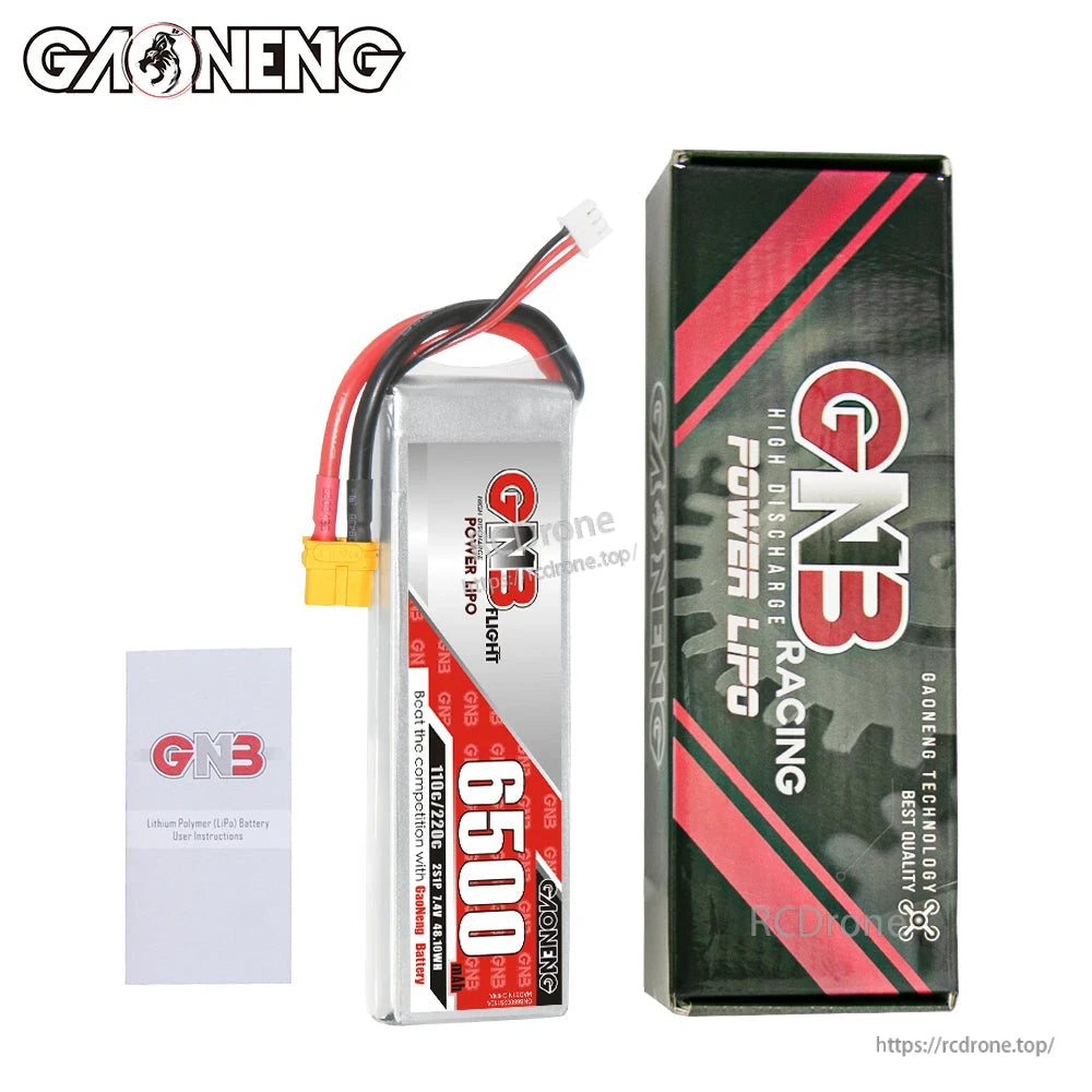 Package contents: GAONENG 6500mAh LiPo battery, retail box, and user instructions leaflet