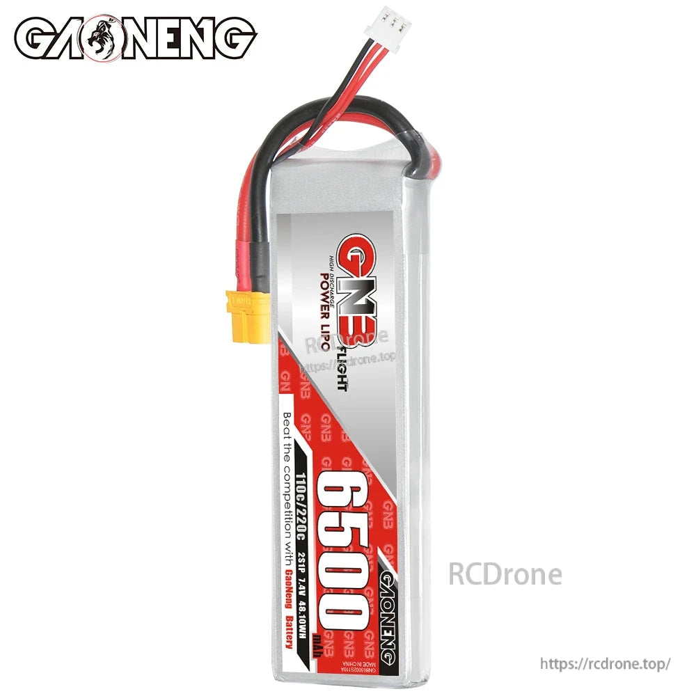 Vertical front view of GAONENG GNB 6500mAh LiPo battery showing label and wiring exit