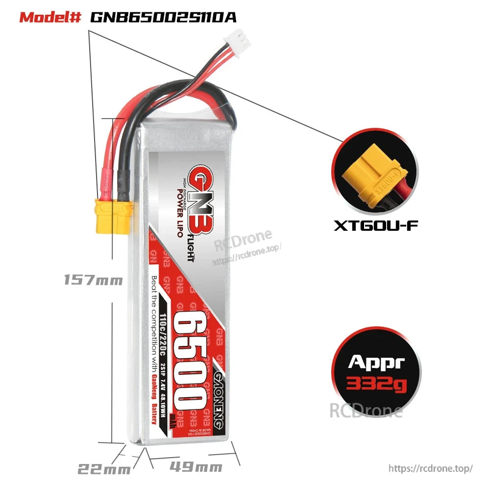 Battery dimensions diagram for GNB65002S110A with XT60U-F connector and approx 332g weight
