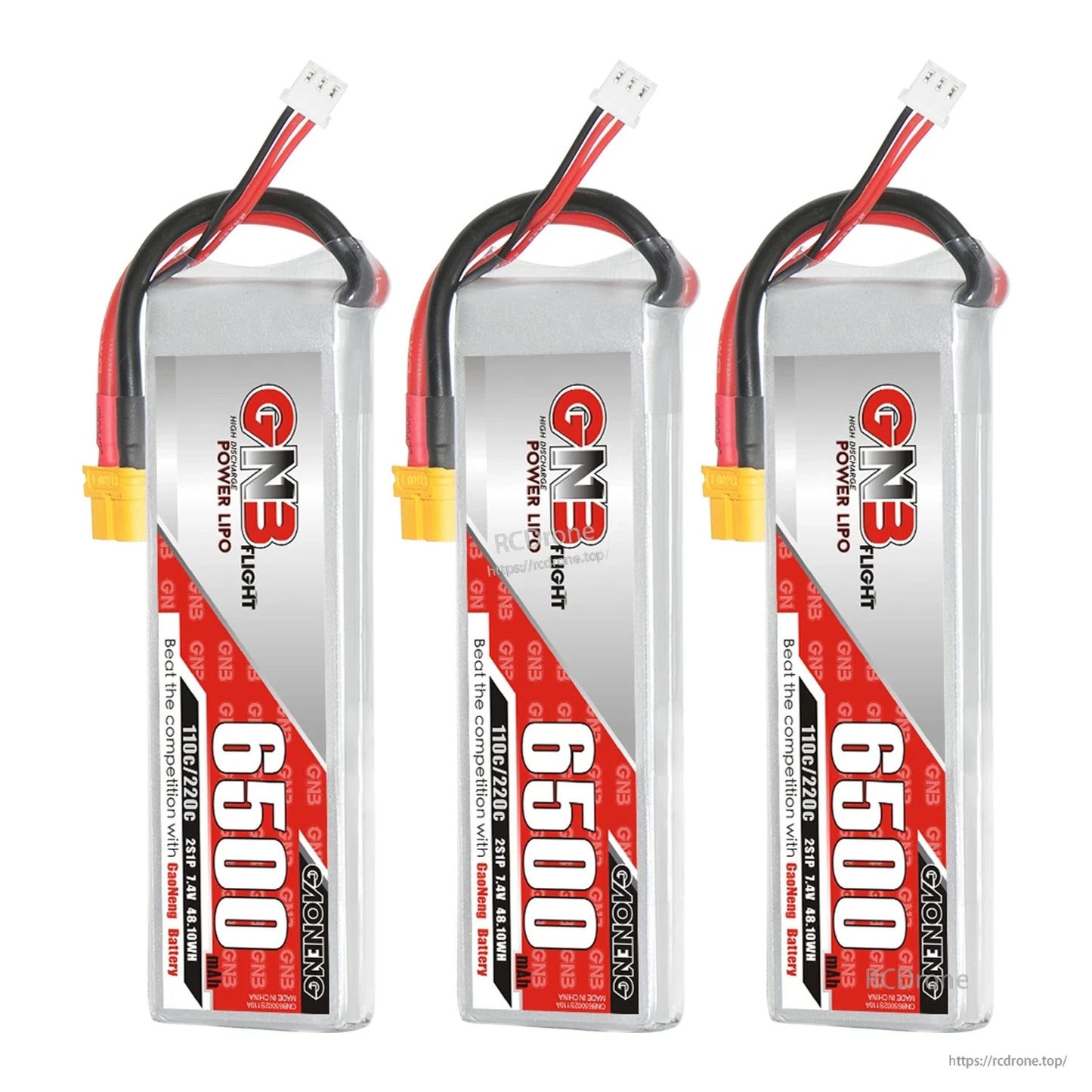 Three GAONENG 6500mAh LiPo batteries displayed together with XT60 connectors