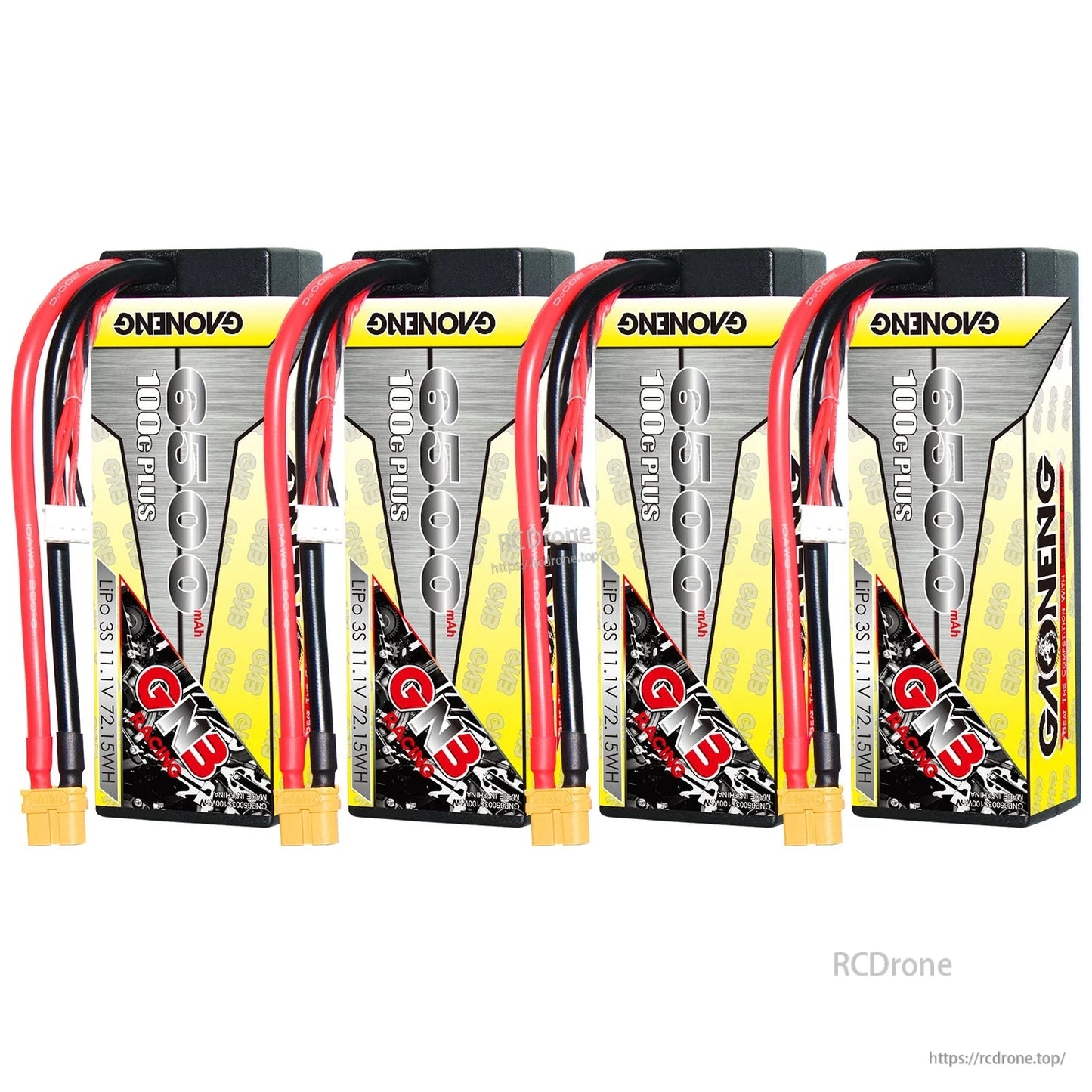 Four GAONENG 3S 6500mAh hard case XT60 LiPo batteries displayed together