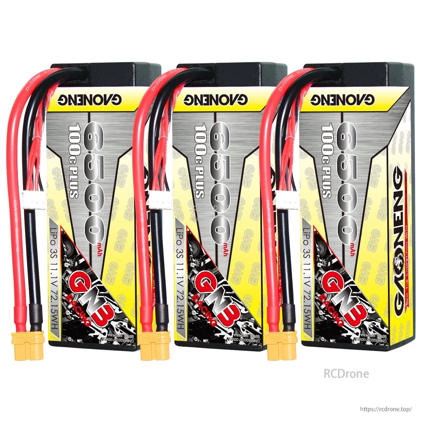 Three GAONENG 3S 6500mAh hard case XT60 LiPo batteries arranged in a row