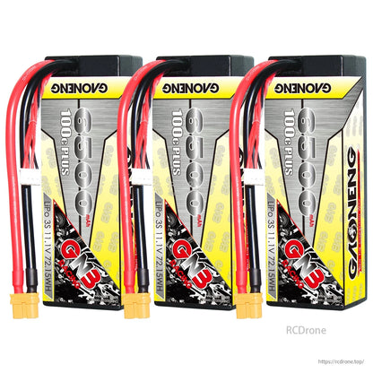 Three GAONENG 3S 6500mAh hard case XT60 LiPo batteries arranged in a row