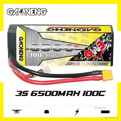 GAONENG 6500mAh 100C Plus 3S 11.1V LiPo battery with XT60 connector, top label view
