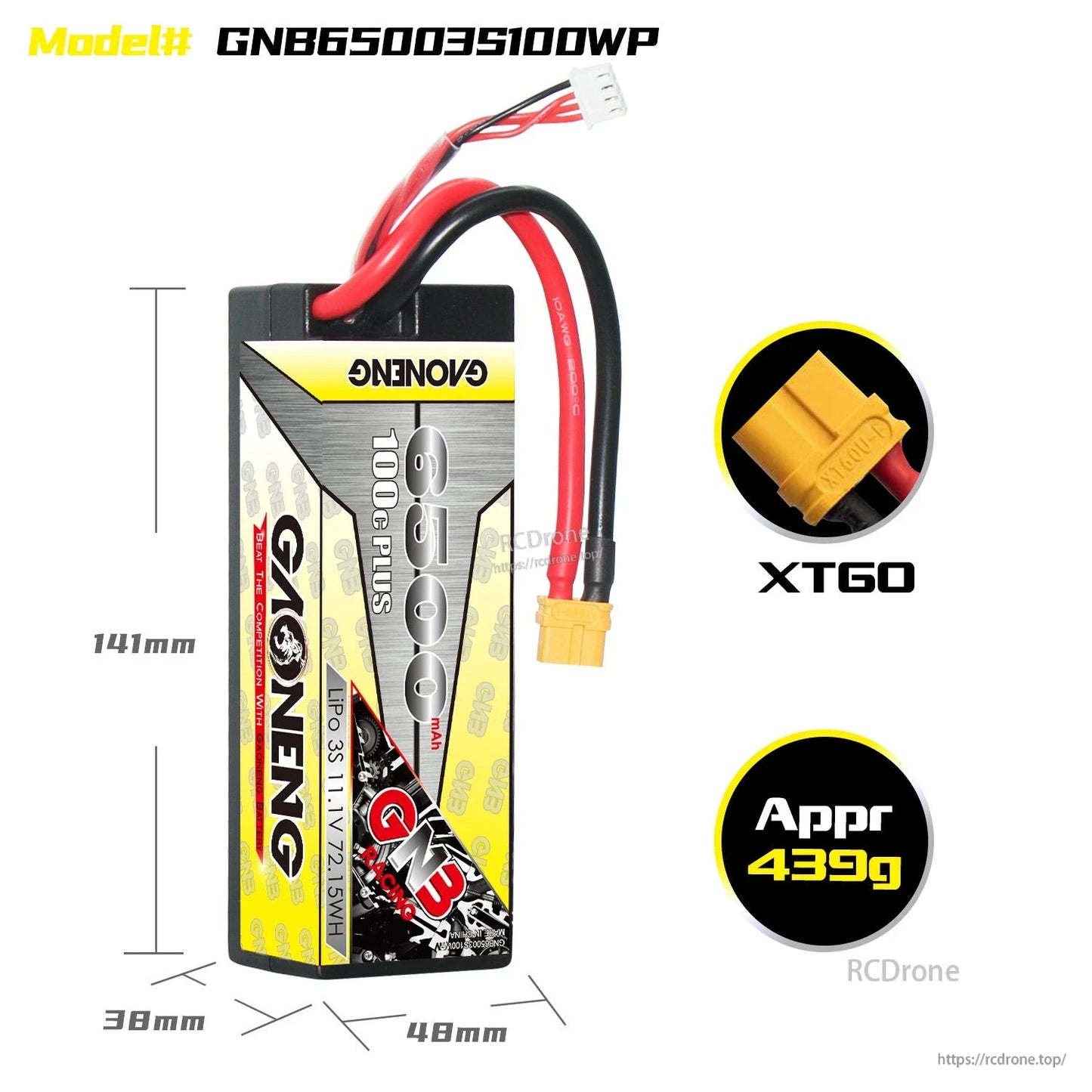 GAONENG GNB65003S100WP battery dimensions and XT60 connector close-up with 439g weight