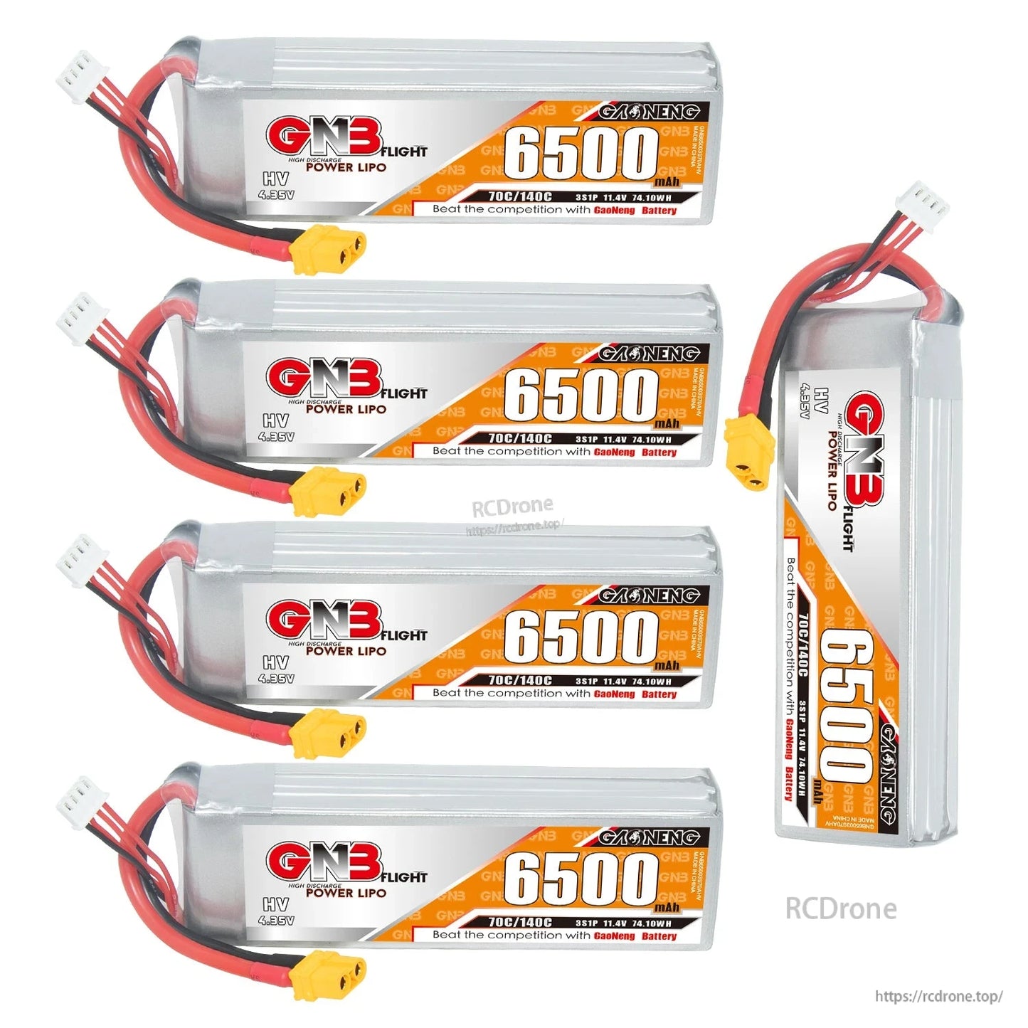 Five GNB 6500mAh HV LiPo batteries set, four horizontal plus one upright showing side label