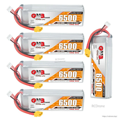 Five GNB 6500mAh HV LiPo batteries set, four horizontal plus one upright showing side label