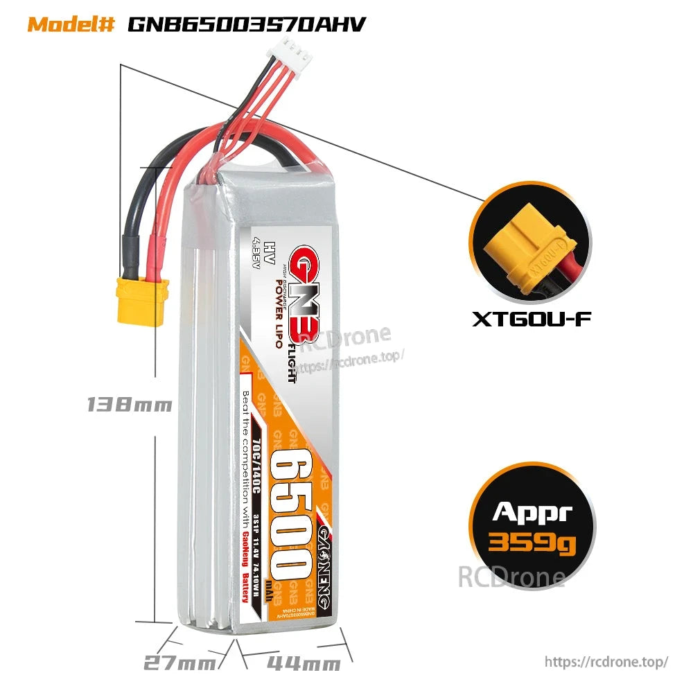 GNB65003S70AHV battery size diagram 138x44x27mm with XT60U-F connector and approx 359g weight