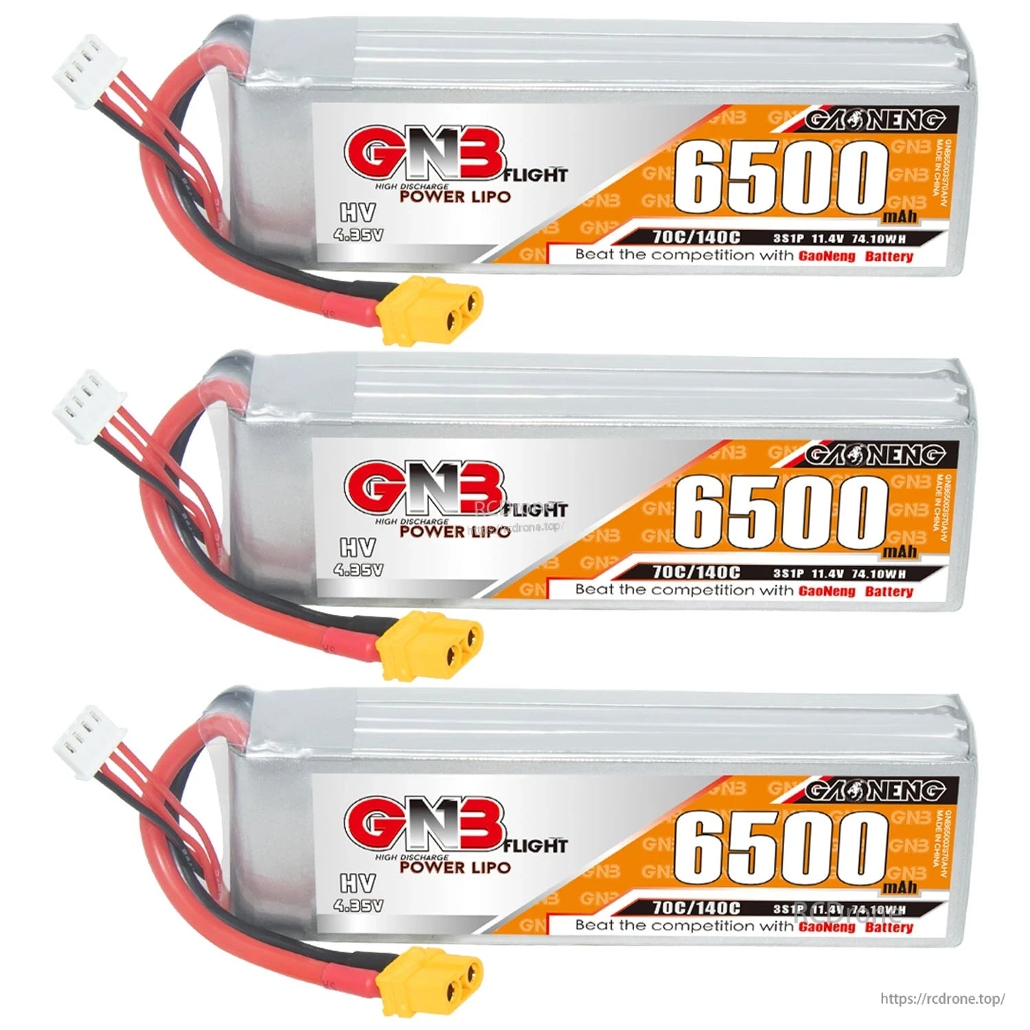 Three GNB 6500mAh 3S HV LiPo batteries lined up, side label view with XT60 connectors