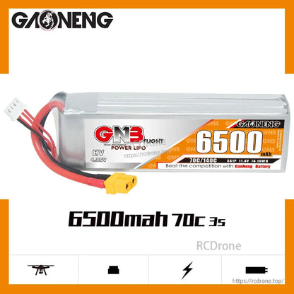 GAONENG GNB 6500mAh 70C 3S 11.4V HV LiPo battery label close-up (70C/140C, 4.35V)