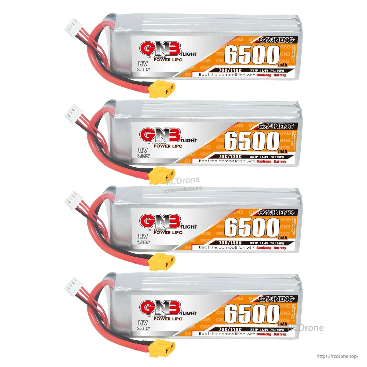 Four GAONENG GNB 6500mAh HV 3S LiPo battery packs stacked, showing labels and connectors