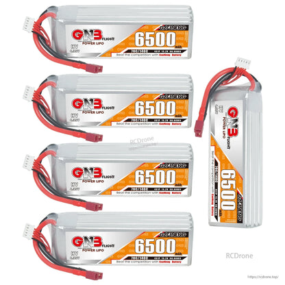 GNB 6500mAh HV LiPo batteries displayed in mixed orientations, including upright side view