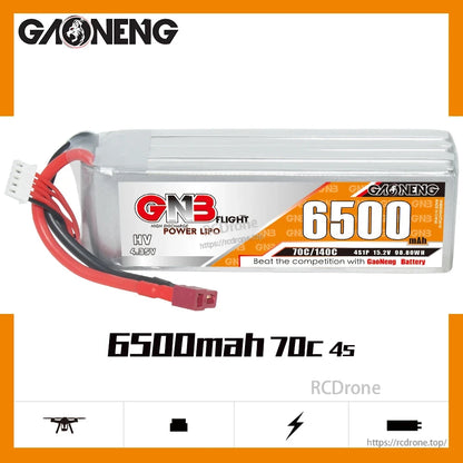 GNB Power LiPo Flight 6500mAh 70C 4S battery side view graphic with label and leads