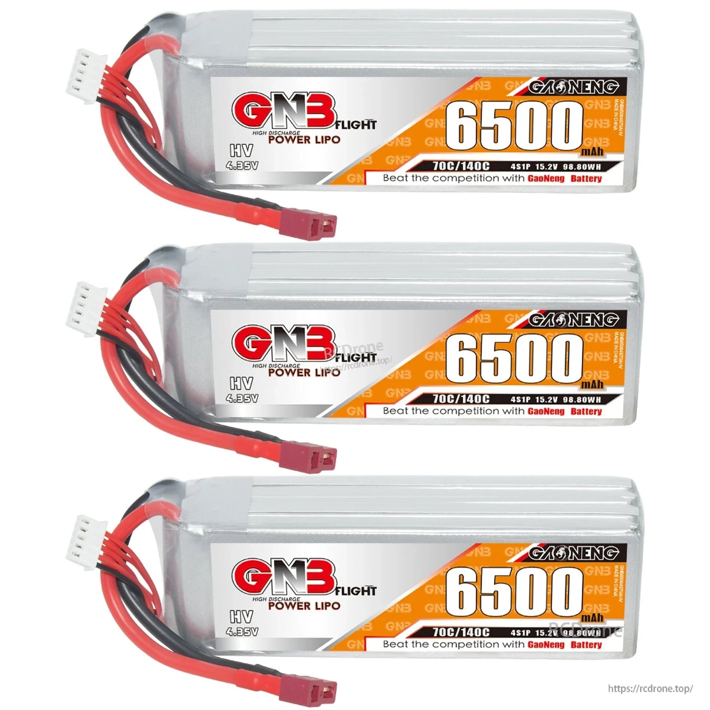 Three GNB 6500mAh HV LiPo batteries shown in a row, side label view with leads