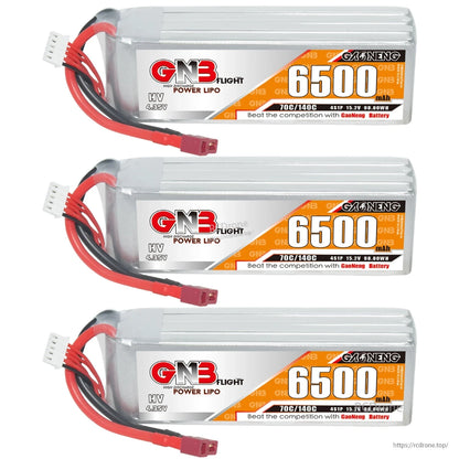 Three GNB 6500mAh HV LiPo batteries shown in a row, side label view with leads