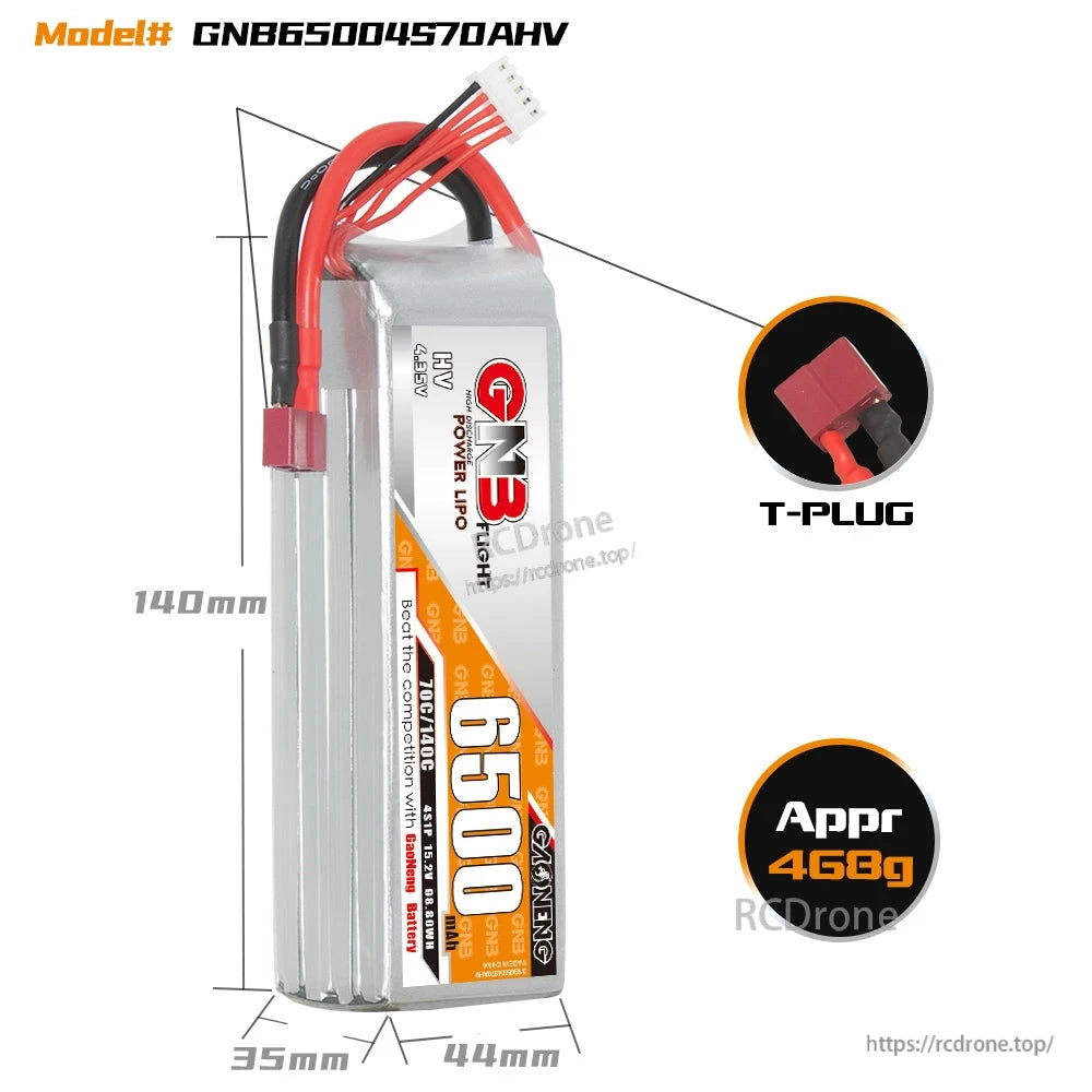 GNB65004S70AHV battery dimensions diagram with T-plug connector close-up and approx weight